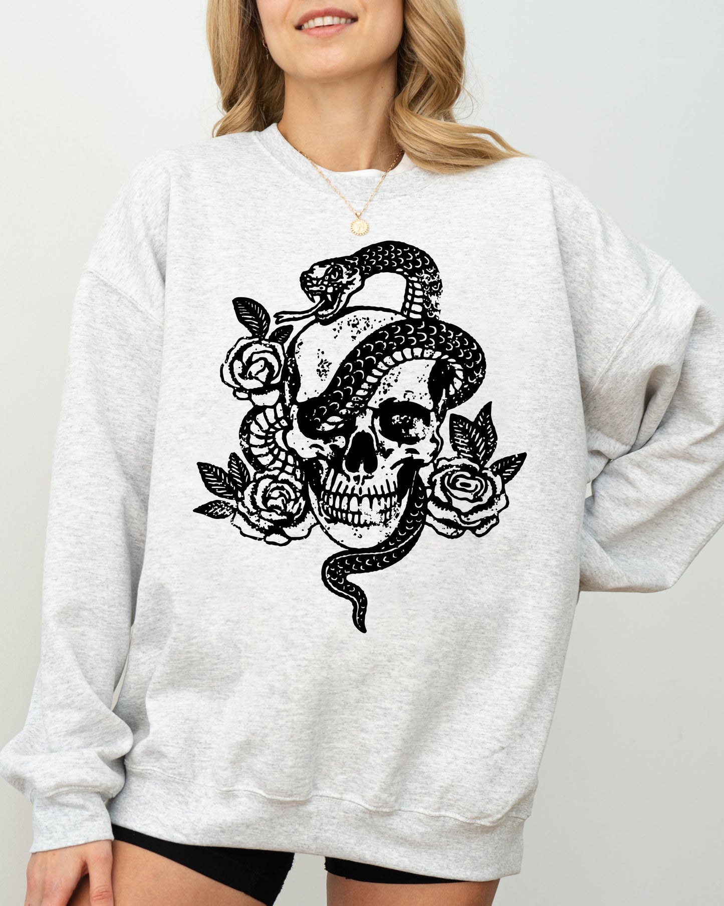 Skull, Roses, Snake, Skeleton, Ghost, Western, Witch, Aesthetic, Meme, Halloween, Costume Sweatshirt