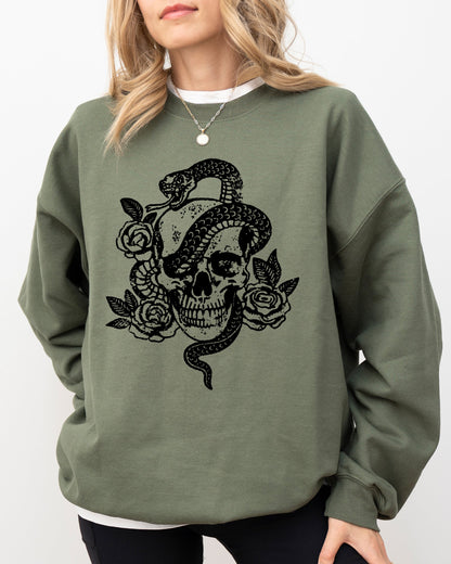 Skull, Roses, Snake, Skeleton, Ghost, Western, Witch, Aesthetic, Meme, Halloween, Costume Sweatshirt