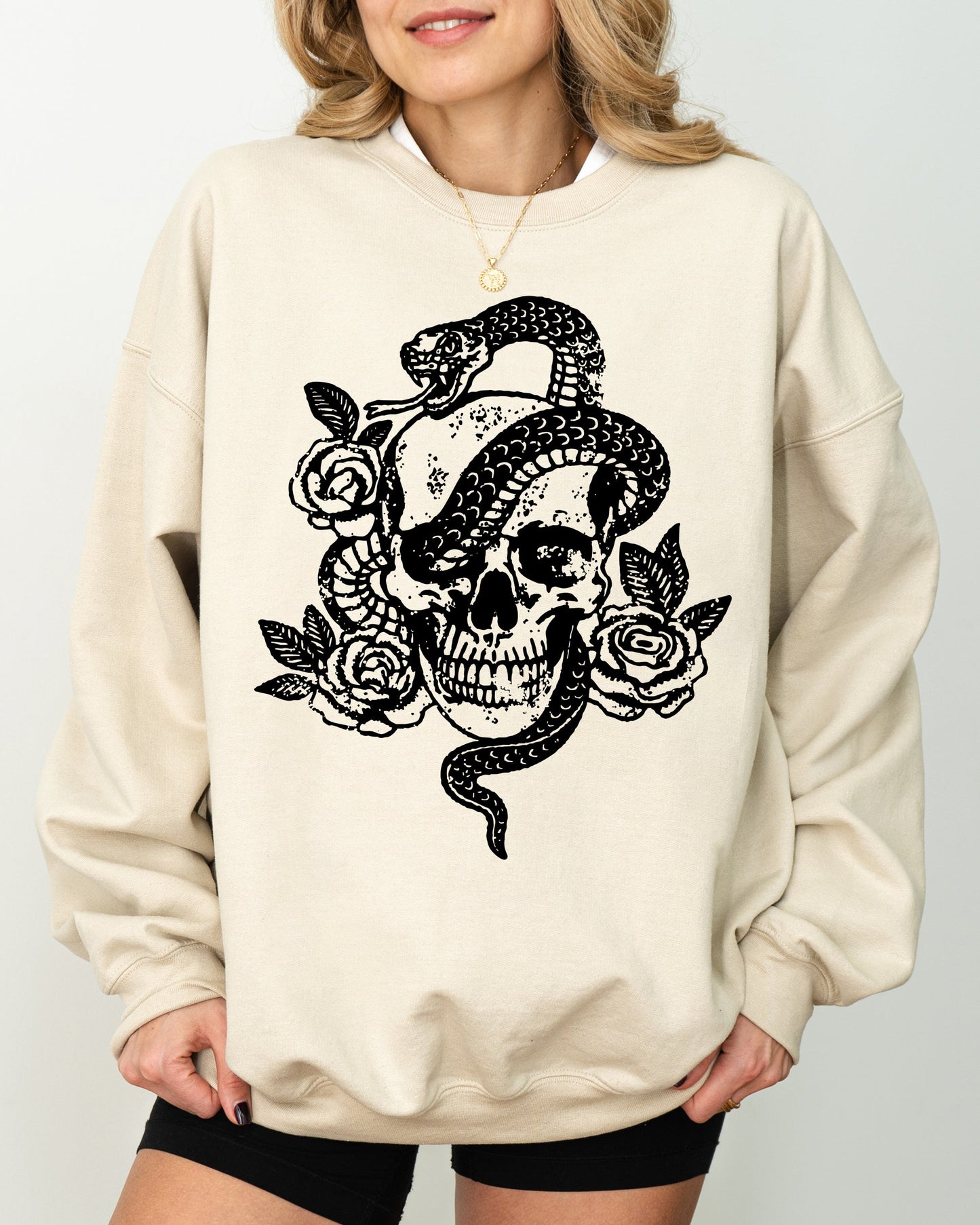 Skull, Roses, Snake, Skeleton, Ghost, Western, Witch, Aesthetic, Meme, Halloween, Costume Sweatshirt