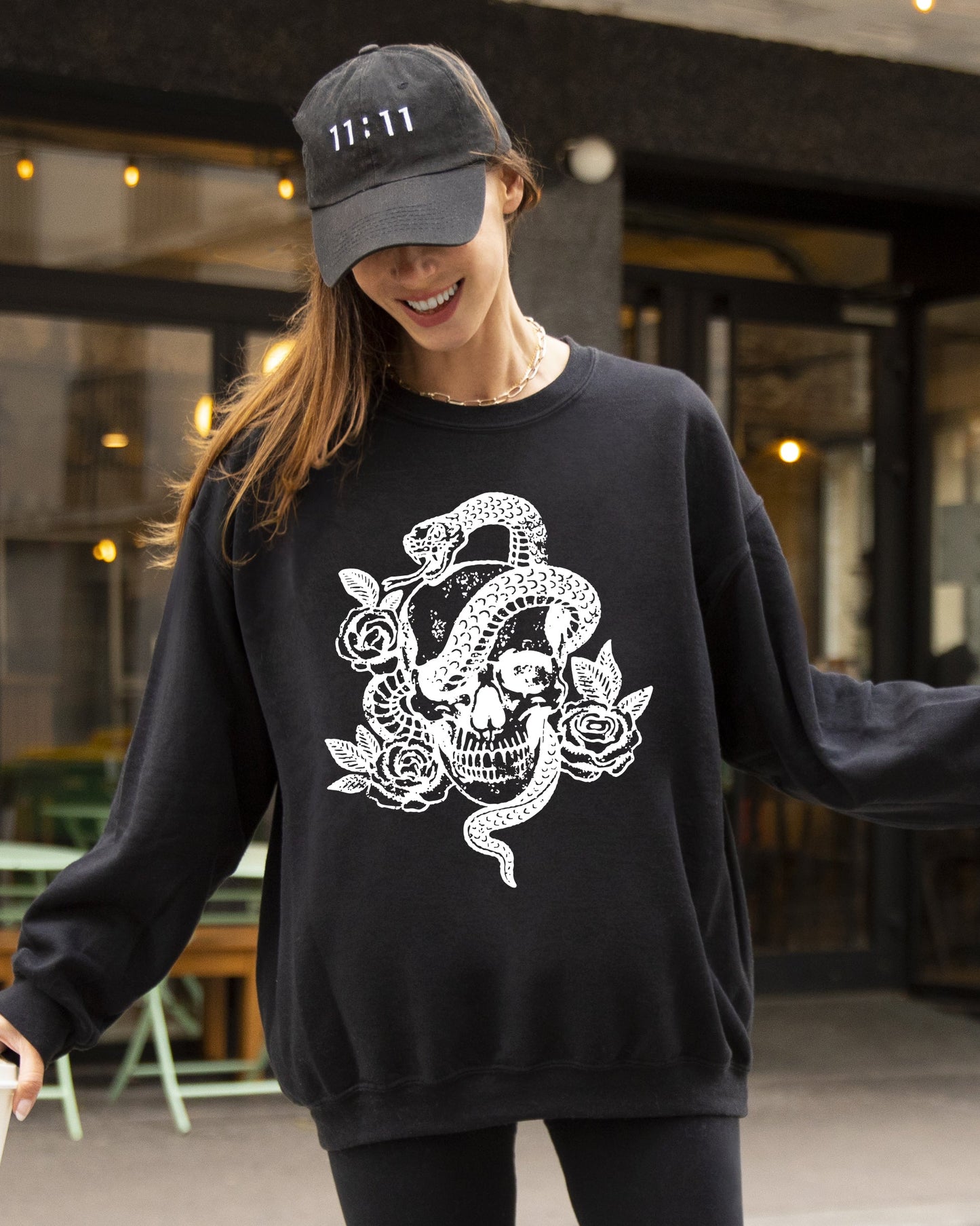 Skull, Roses, Snake, Skeleton, Ghost, Western, Witch, Aesthetic, Meme, Halloween, Costume Sweatshirt