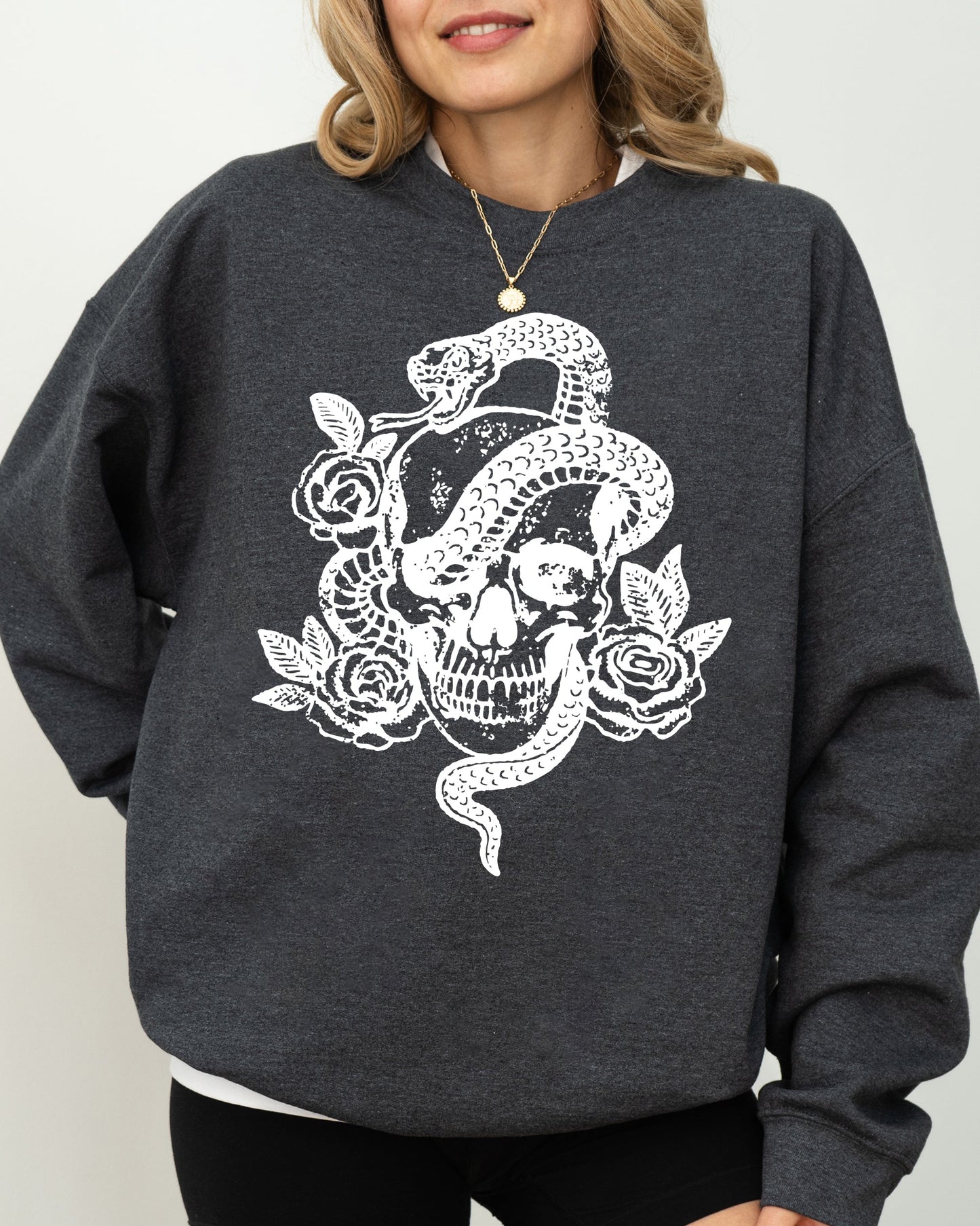 Skull, Roses, Snake, Skeleton, Ghost, Western, Witch, Aesthetic, Meme, Halloween, Costume Sweatshirt