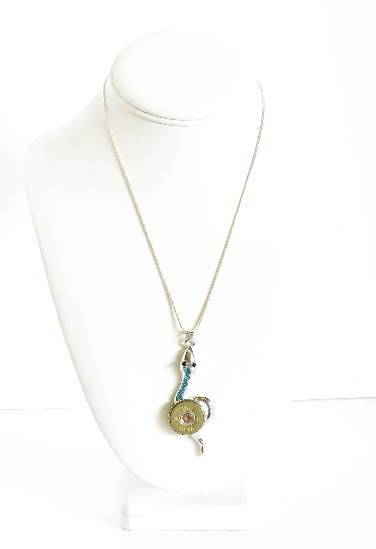 Shotgun Shell Necklace, Blue Crystal Snake 20 Gauge Pendant, Gift For Her, Shooting Sports Jewelry Gift, Southwestern Style Wife Jewelry