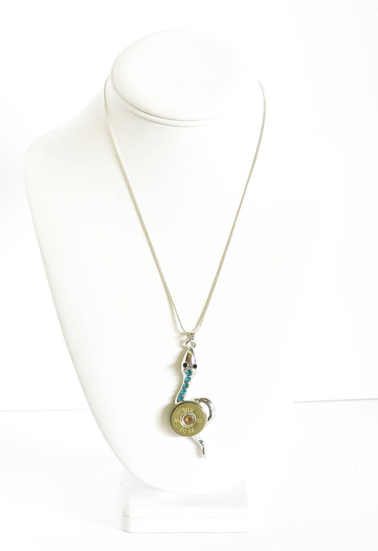 Shotgun Shell Necklace, Blue Crystal Snake 20 Gauge Pendant, Gift For Her, Shooting Sports Jewelry Gift, Southwestern Style Wife Jewelry