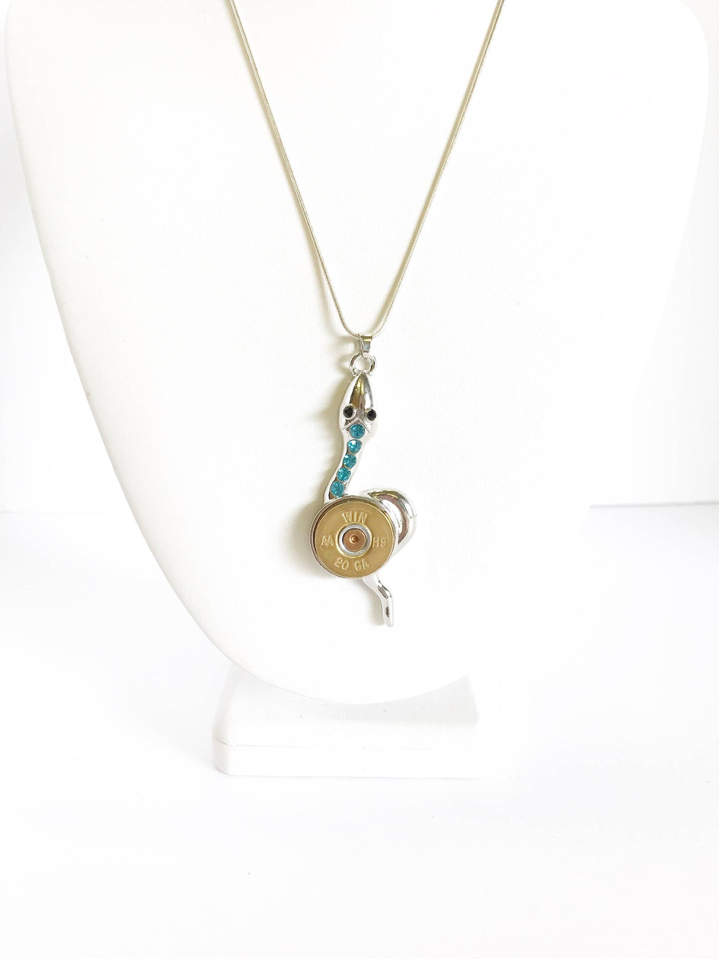 Shotgun Shell Necklace, Blue Crystal Snake 20 Gauge Pendant, Gift For Her, Shooting Sports Jewelry Gift, Southwestern Style Wife Jewelry