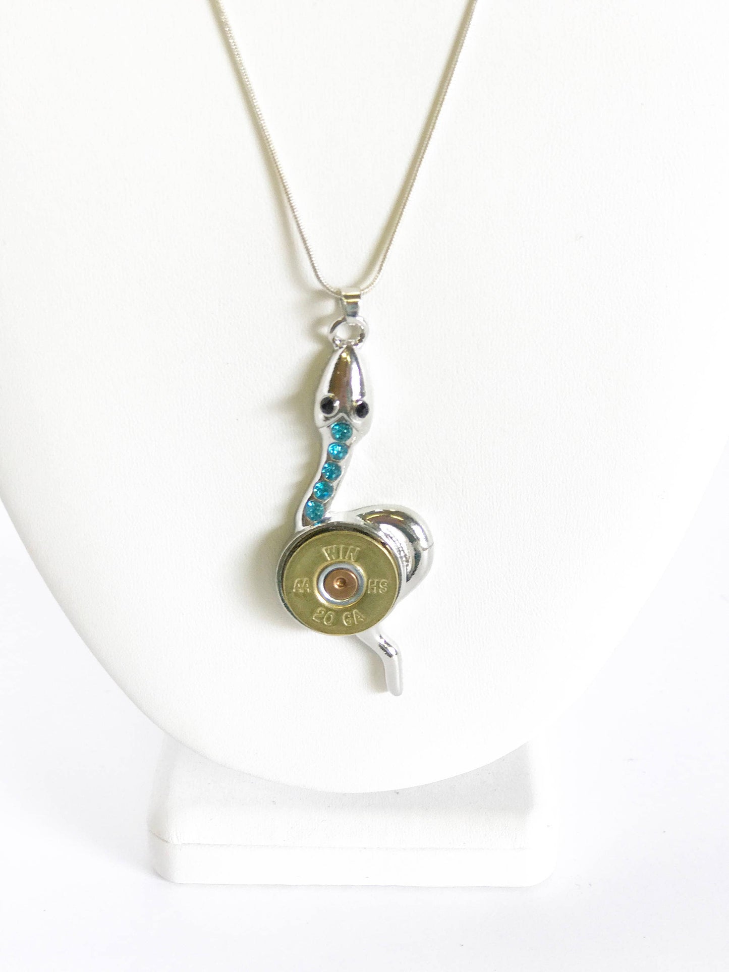 Shotgun Shell Necklace, Blue Crystal Snake 20 Gauge Pendant, Gift For Her, Shooting Sports Jewelry Gift, Southwestern Style Wife Jewelry
