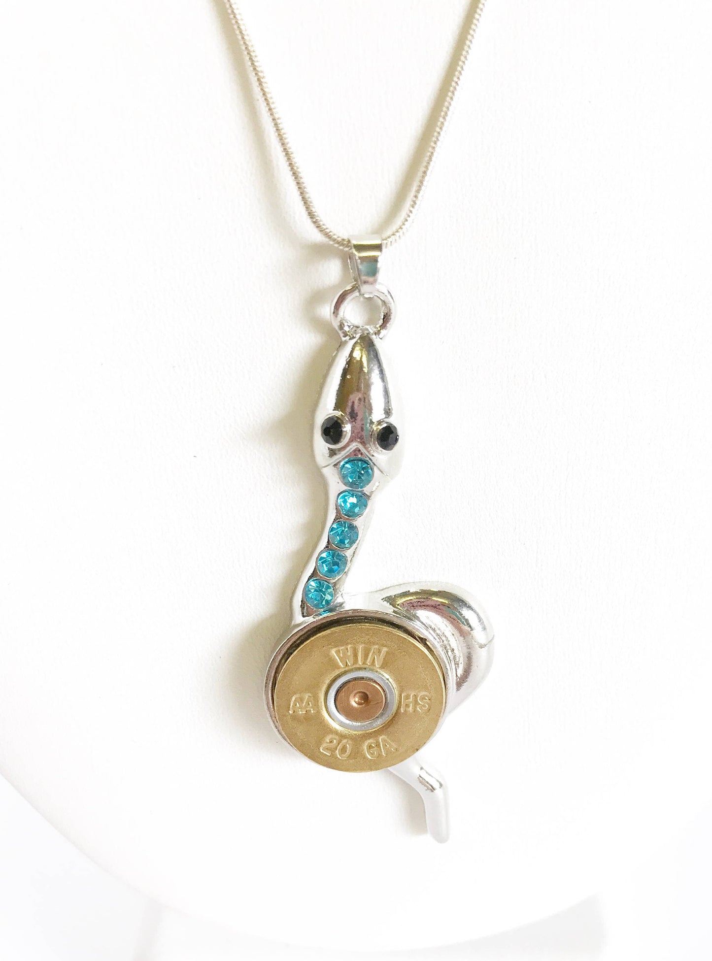 Shotgun Shell Necklace, Blue Crystal Snake 20 Gauge Pendant, Gift For Her, Shooting Sports Jewelry Gift, Southwestern Style Wife Jewelry